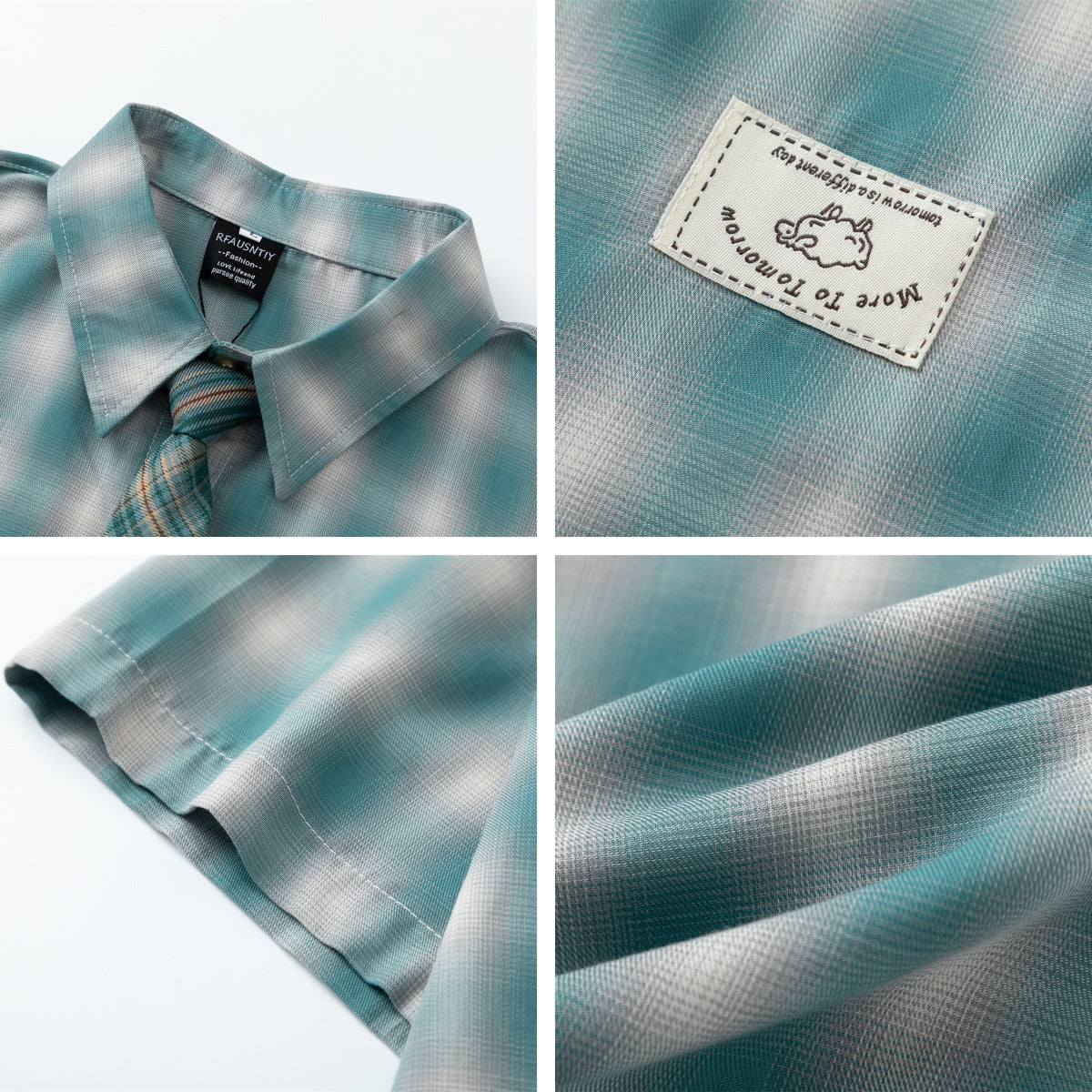 Retro Plaid Collar Tie Short Sleeve Shirt
