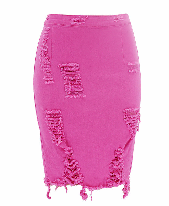Harajuku Style Perforated Hip Hugging Denim Skirt