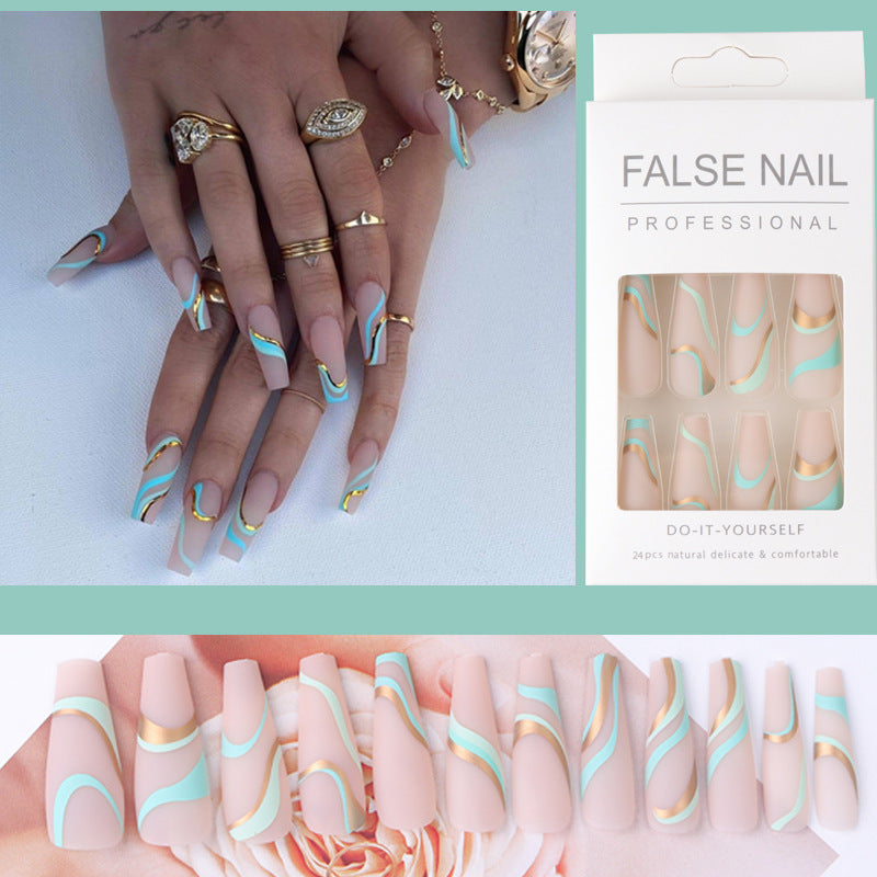 Gold Wave Pattern Long Ballet Nails - Harajuku Style