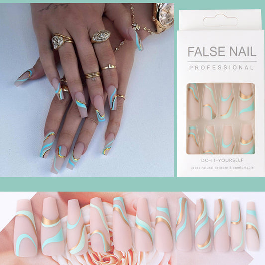 Gold Wave Pattern Long Ballet Nails - Harajuku Style