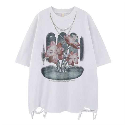 Retro Floral Print Ripped Short Sleeve Tee for Men