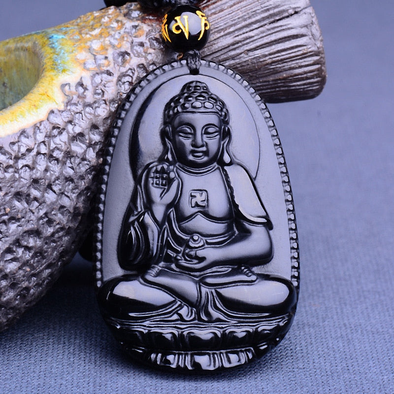 Black Obsidian Six Stars Lucky Amulet Pendant Necklace