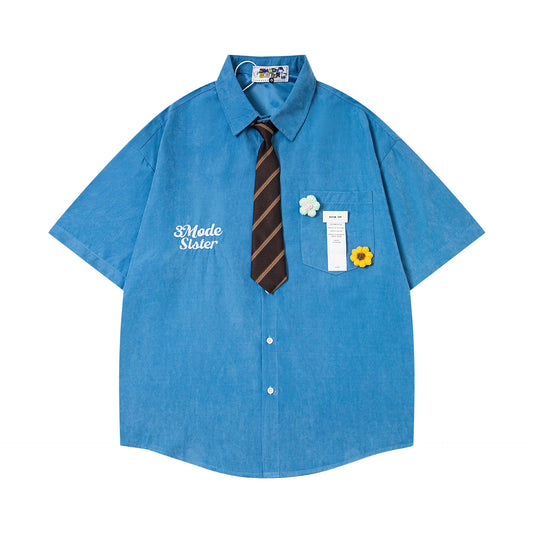 Retro Letter Embroidery Decorative Collar Shirt