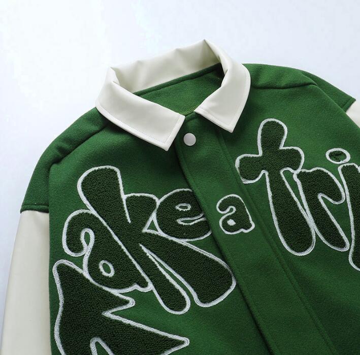 Harajuku Style Green Bomber Jacket with Contrast Sleeves