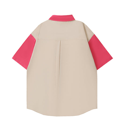 Retro Cartoon Embroidery Color Block Short Sleeve Shirt