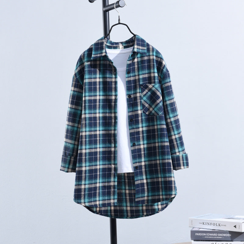 Cotton Plaid Shirt for Women - Loose Long Sleeve