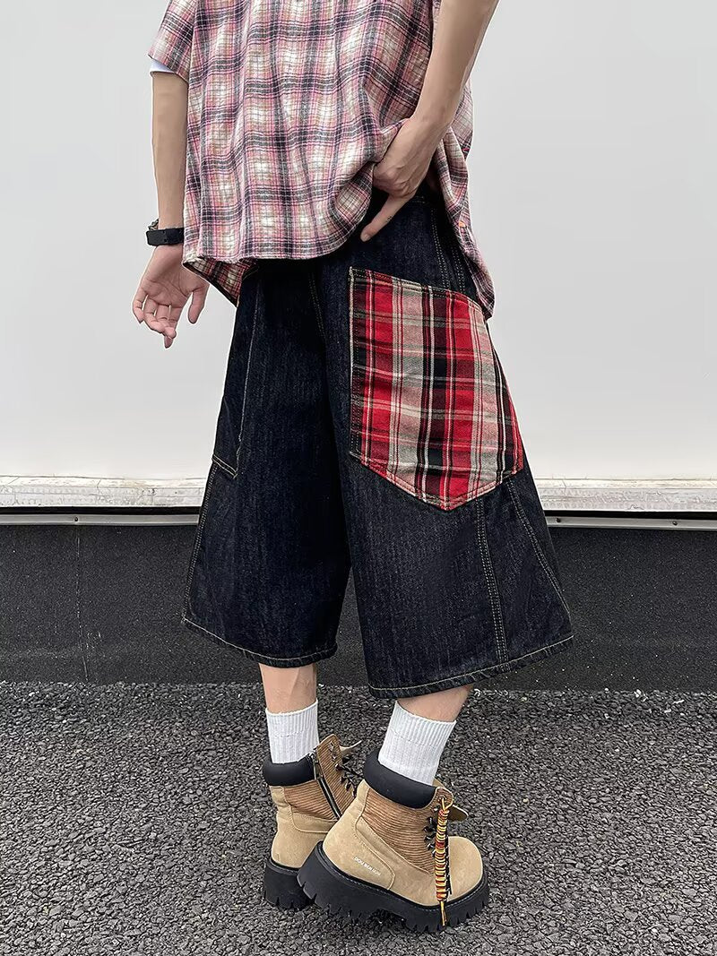 Retro Plaid Patchwork Denim Cropped Pants for Men