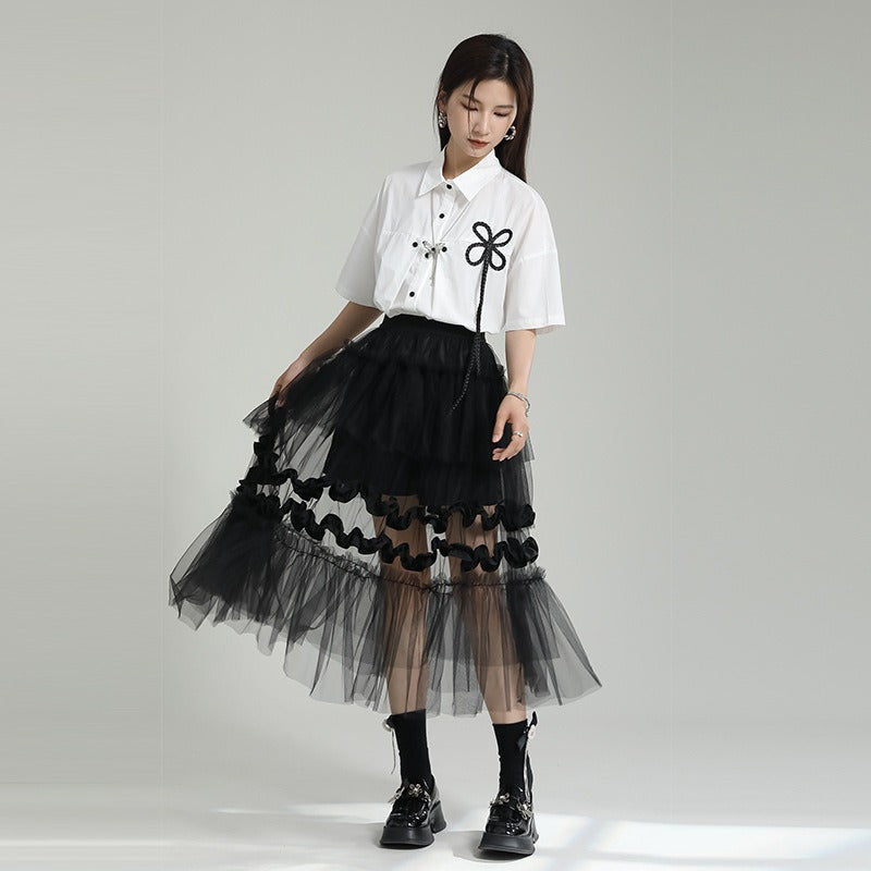 Playful Irregular Layered Mesh Patchwork Skirt