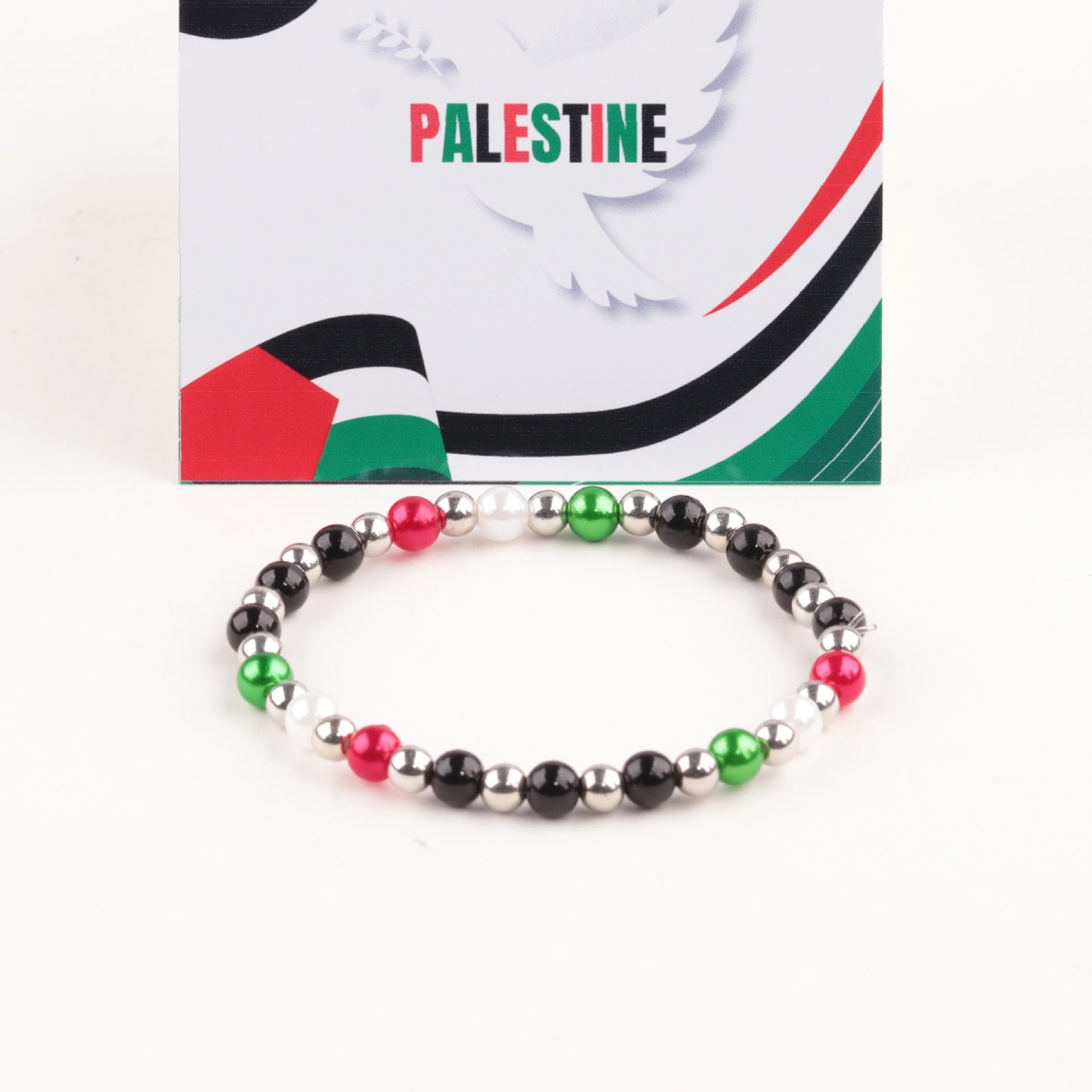 Palestine Flag Color Matching Silver Beads Bracelet