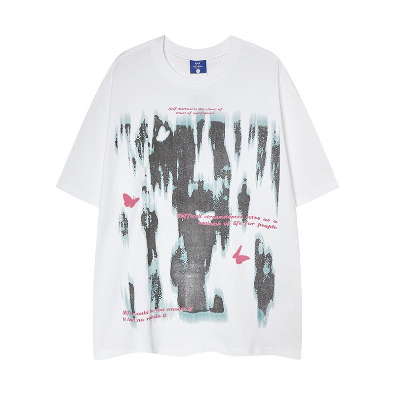 Street Style Abstract Pattern Printed Design Unique Short Sleeve T-Shirt Men Summer Loose Casual Couple Top