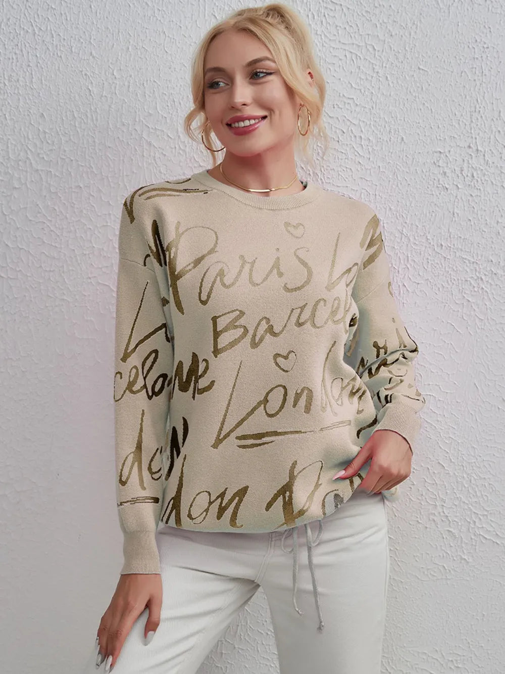 Drawstring Hem Letter Pattern Sweater