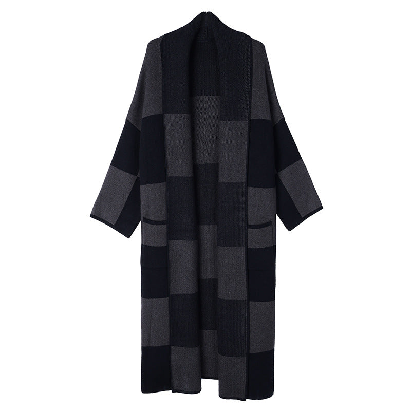 Vintage Plaid Knitting Trench Coat for Women