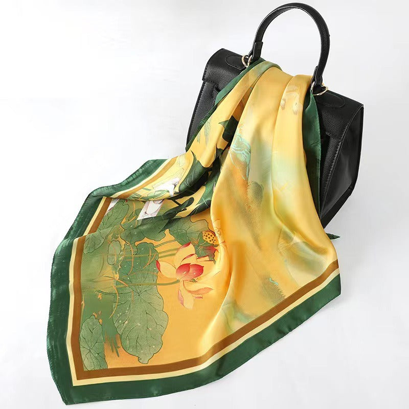 Elegant Silk Lotus Square Scarf - Harajuku Style Headwear