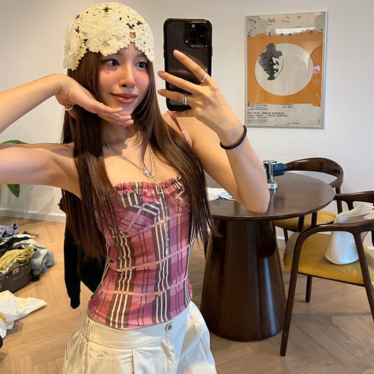 Playful Pink Lace Stripe Plaid Crop Top for Women