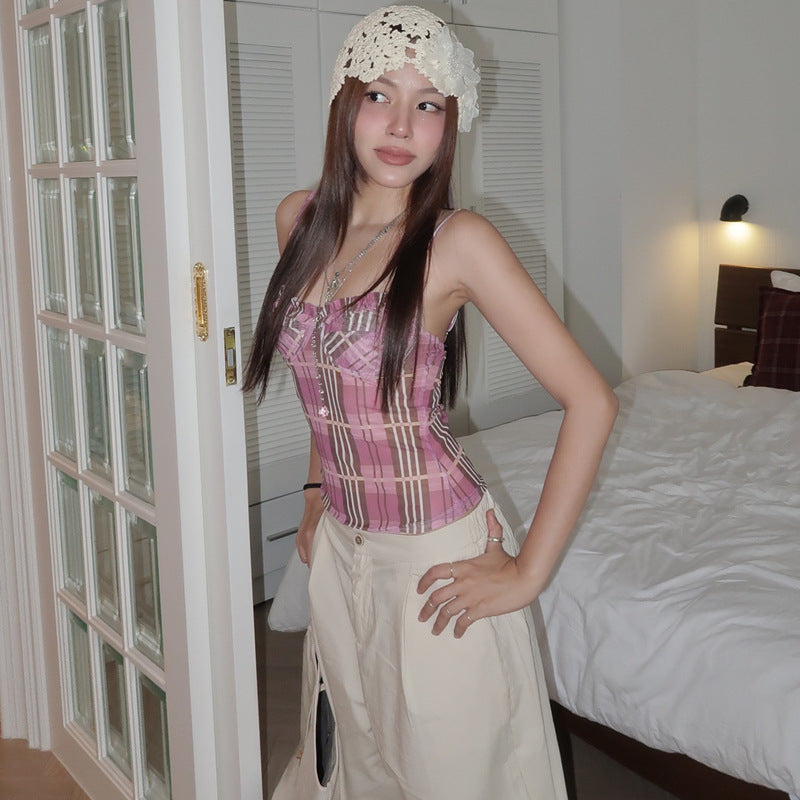 Playful Pink Lace Stripe Plaid Crop Top for Women