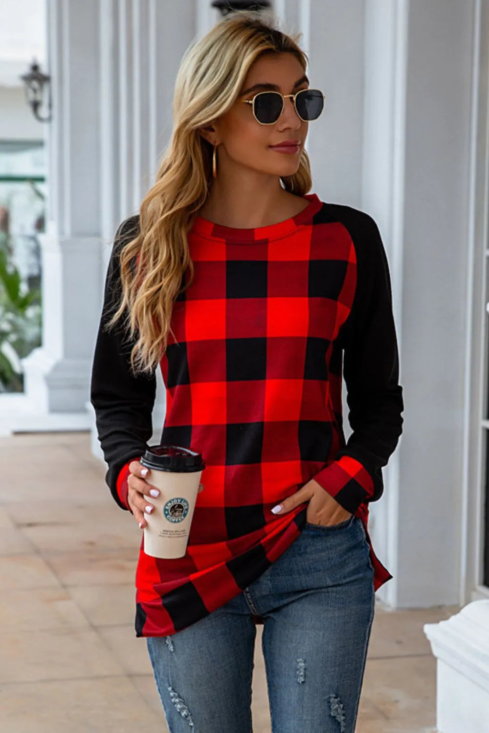 Harajuku Plaid Round Neck Long Sleeve T-Shirt