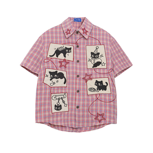 Retro Cute Cat Applique Short Sleeve Shirt