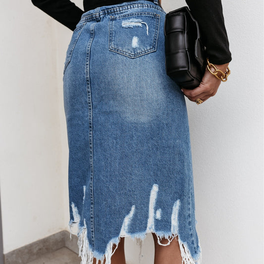 Chic Harajuku Women's Ripped Denim Skirt with Tassels