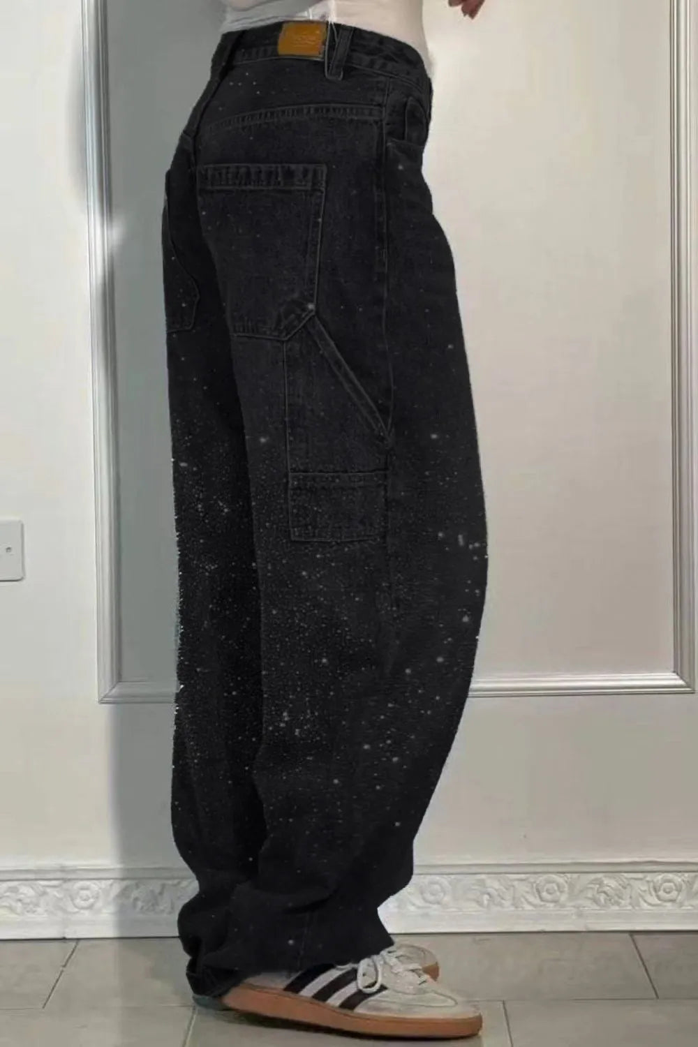 Plus Size Washed Rhinestone Detail Wide Leg Jeans