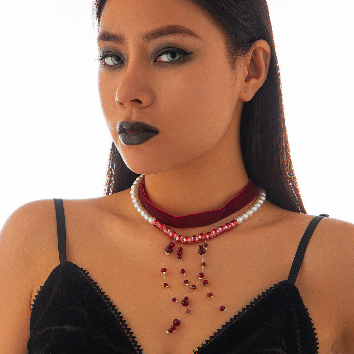 Gothic Pearl Choker Necklace with Blood Drop Tassel
