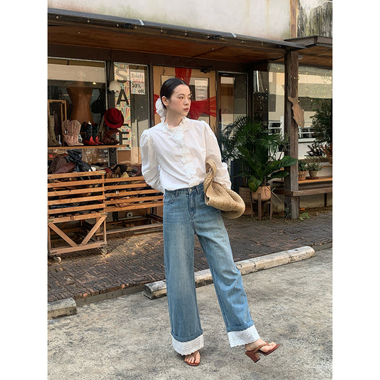 Lace Curled Edge Wide Leg Straight Leg Jeans for Women