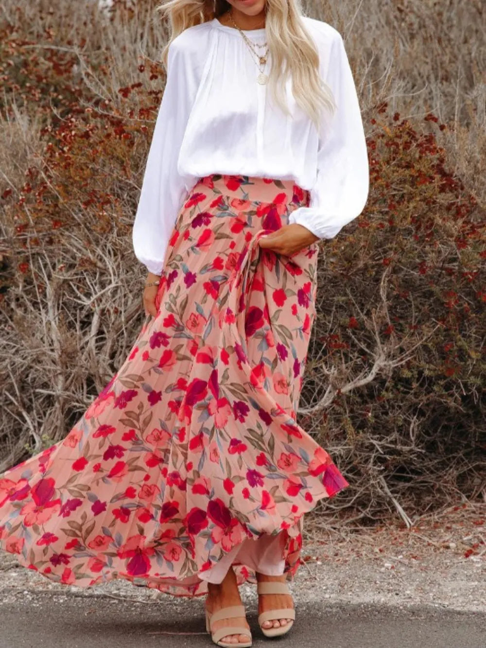 Playful Printed Elastic Waist Pleated Maxi Skirt