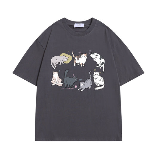 Cartoon Cat Print Casual Short Sleeves