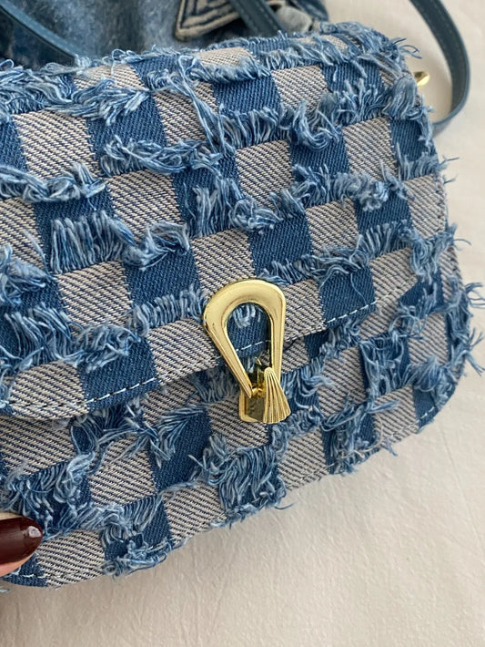 Checkered Raw Hem Adjustable Strap Crossbody Bag