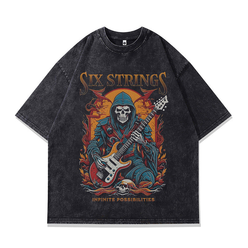 Oversize Distressed Cotton T-Shirt with Skull Design