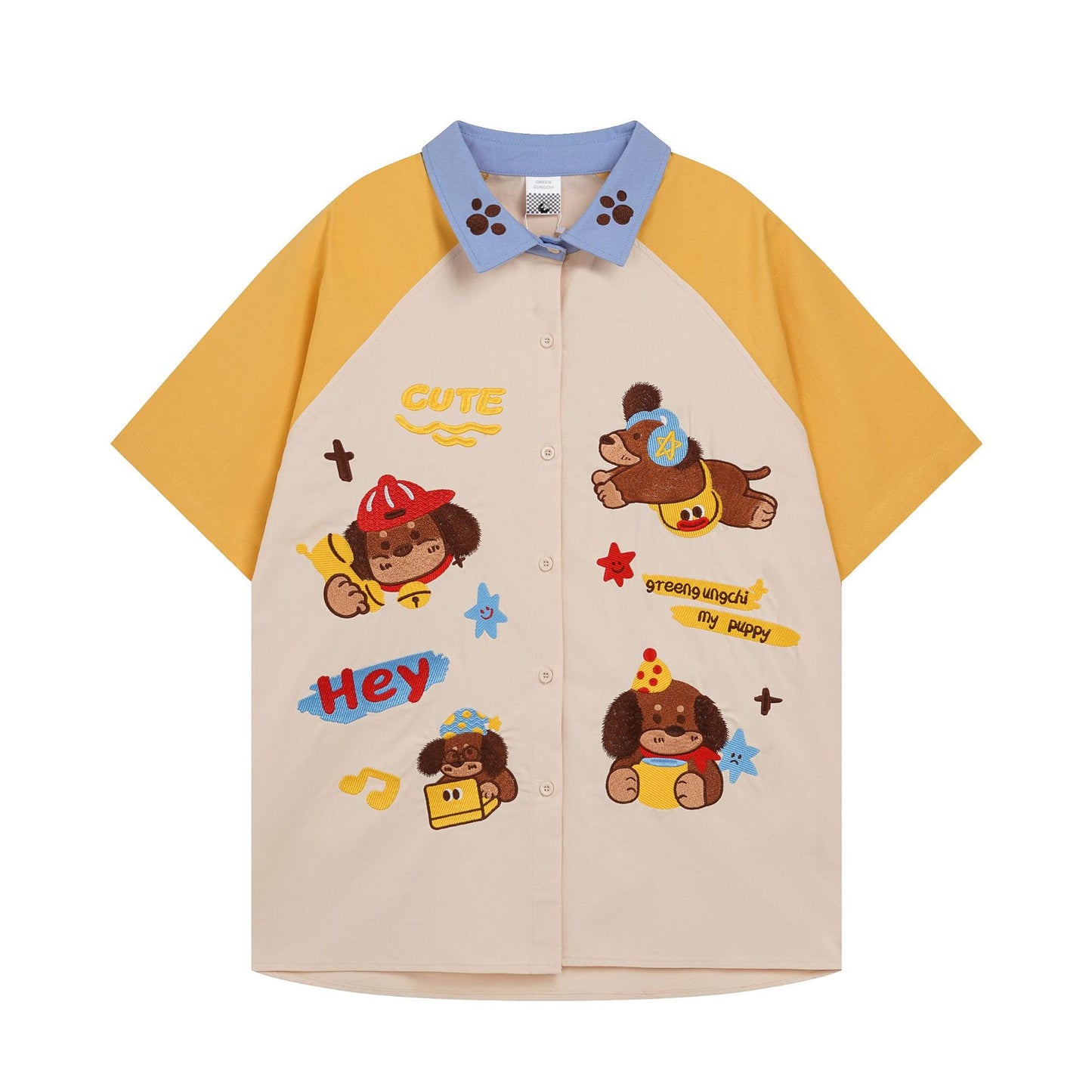 Retro Fun Dog Embroidery Short Sleeve Shirt
