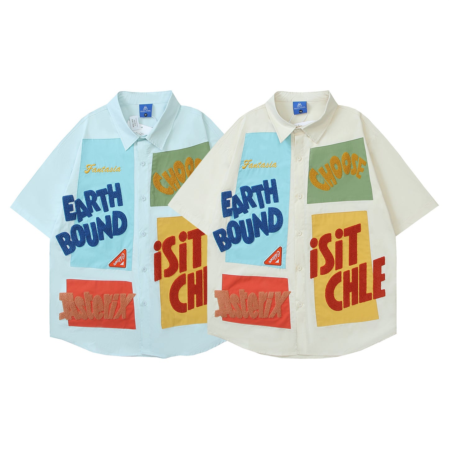 Retro Embroidered Collar Short Sleeve Unisex Casual Shirt