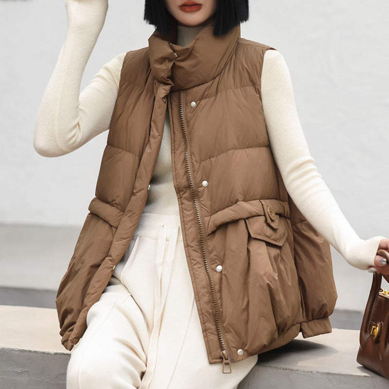 Harajuku Style Stand Collar Sleeveless White Duck Down Vest