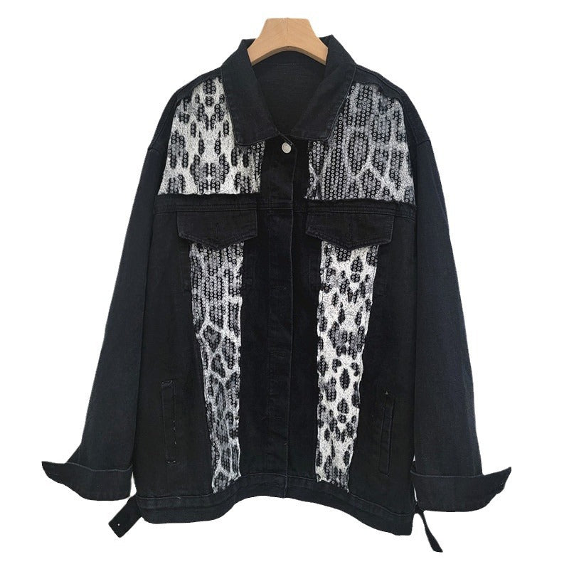 Retro Leopard Print Sequin Denim Jacket