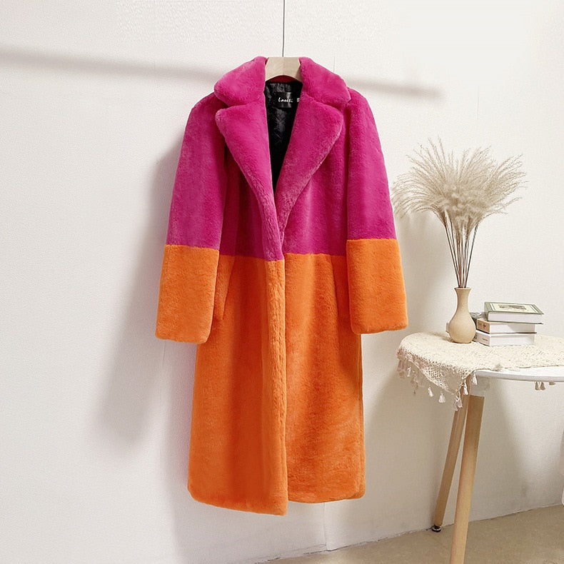 Mid-Length Mink Velvet Faux Fur Coat with Furry Collar