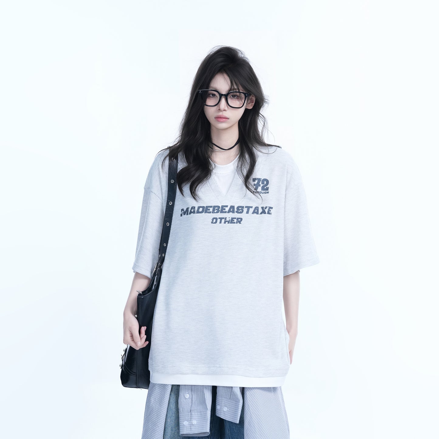 Contrasting Splicing Short Sleeved T-Shirt for Women