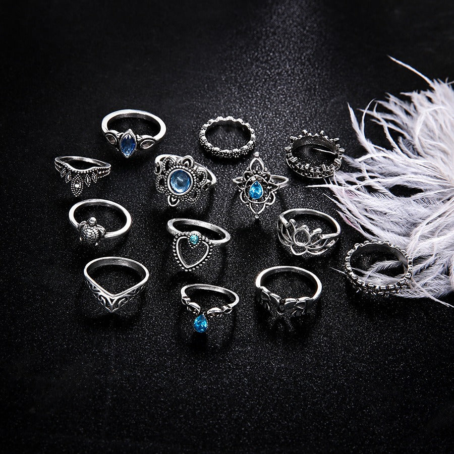 Vintage Diamond Carved Crown Starry Sky Ring Set