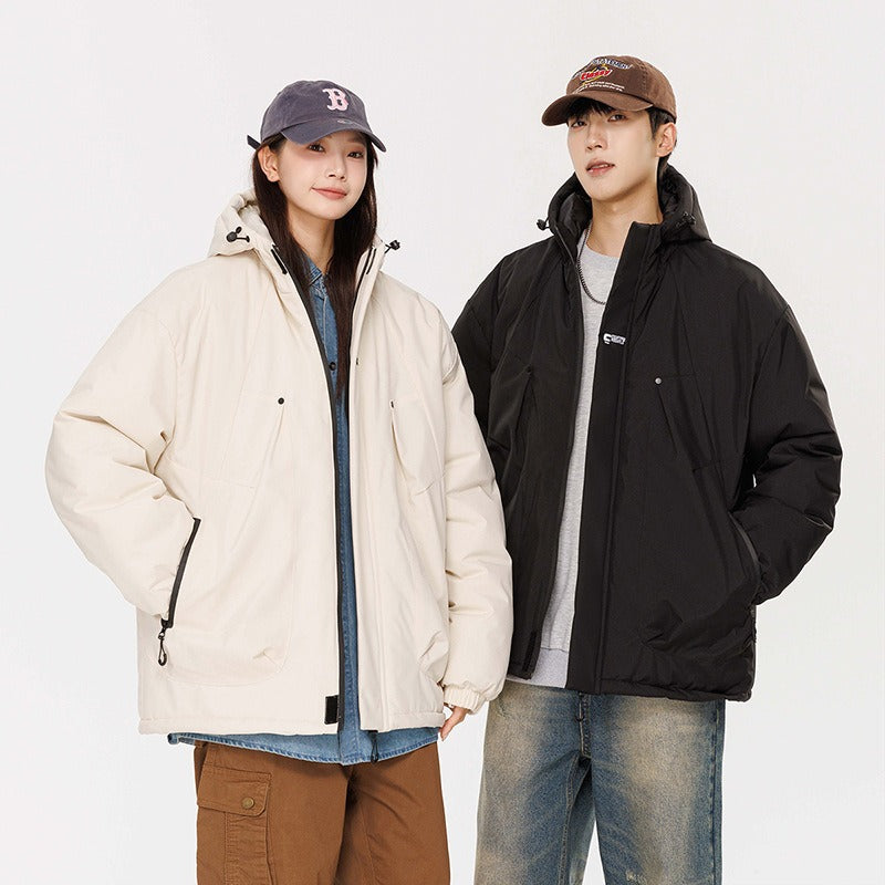 Harajuku Retro Solid Color Hoodie - Women's Thick Cotton Jacket
