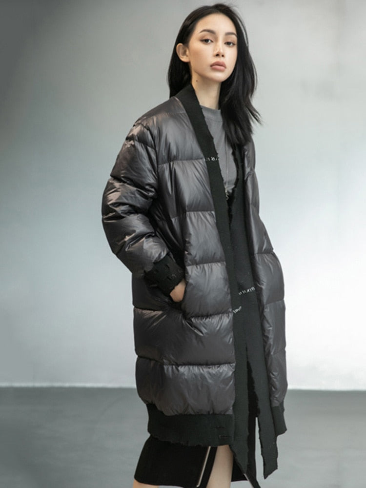 Harajuku Style Loose Fit Black Spliced Down Jacket