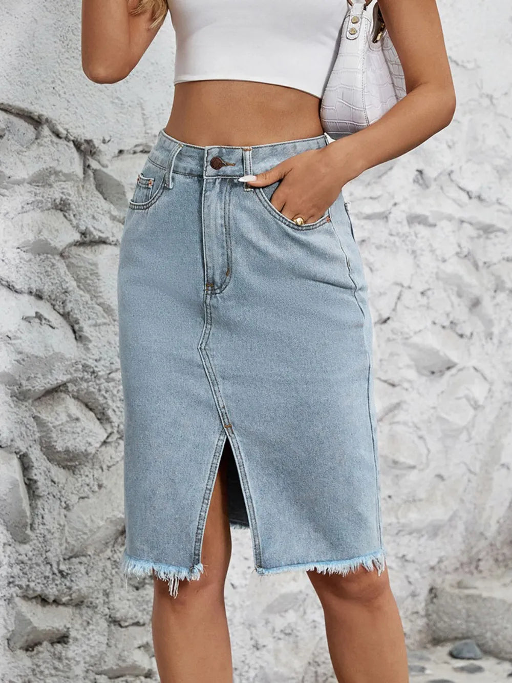 Trendy Raw Hem Slit Denim Skirt - Harajuku Style