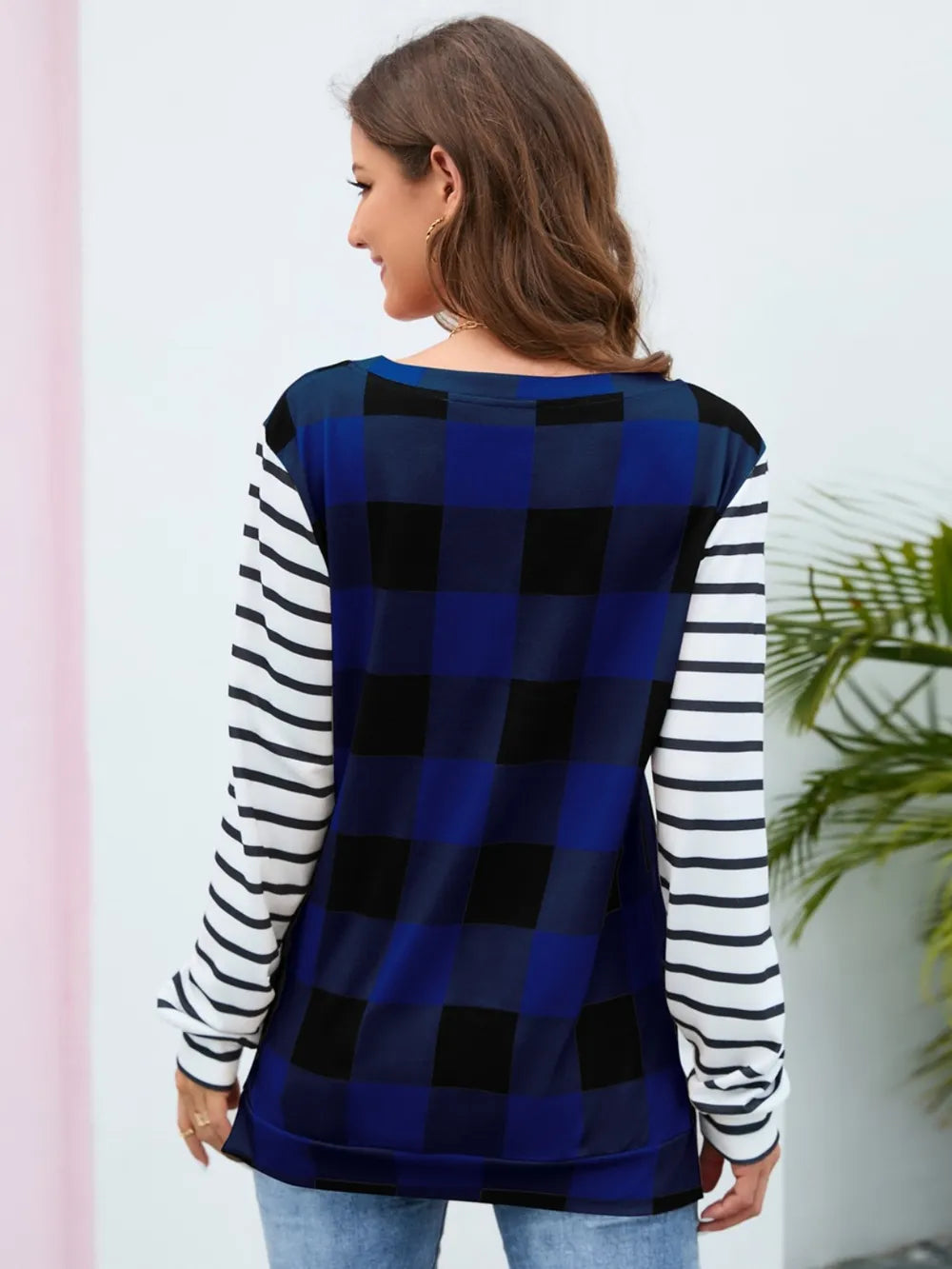 Harajuku Style Plaid Striped Round Neck Long Sleeve T-Shirt