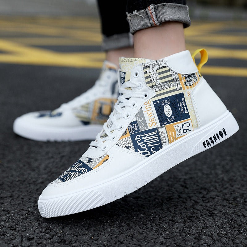 Trendy Harajuku Style Men's High Top Shoes - Graffiti Design