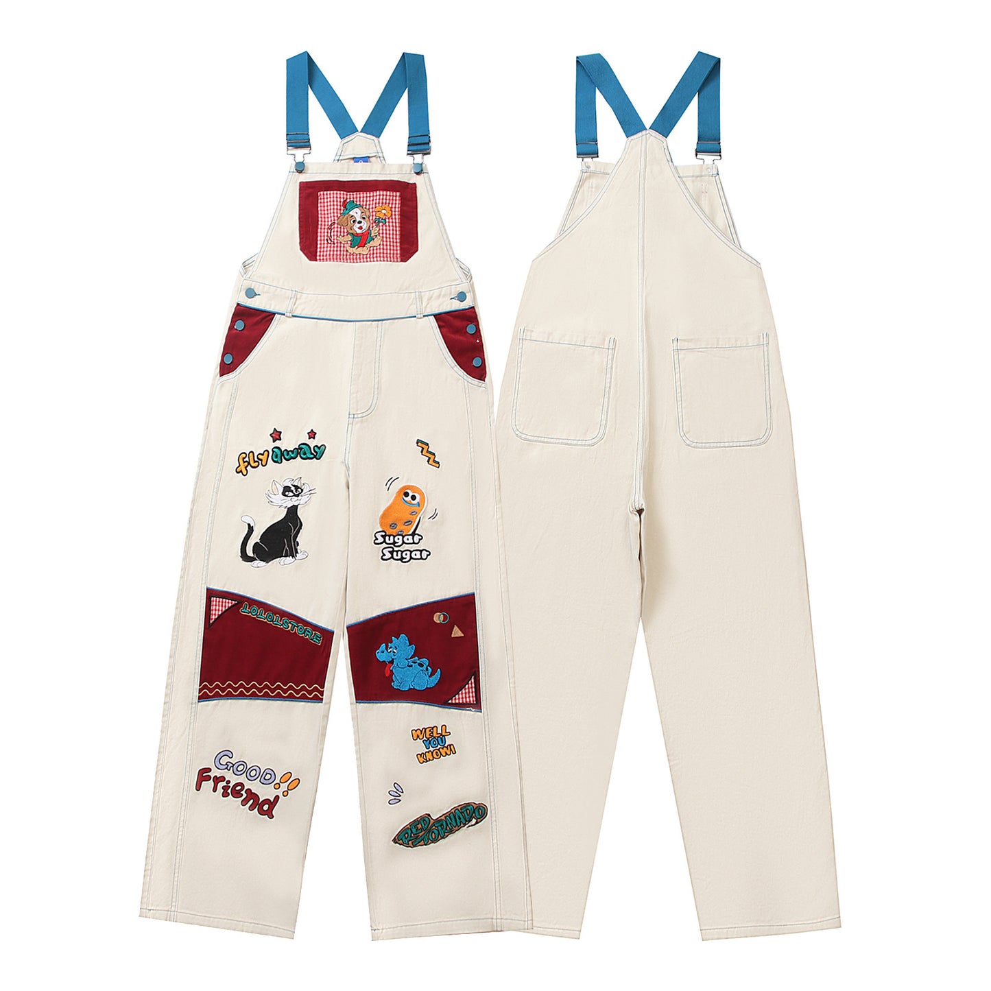 Retro Multi-Pocket Cartoon Suspender Pants