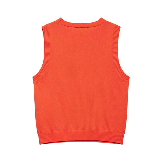 Coral Plaid Sleeveless Knitted Sweater Vest for Women