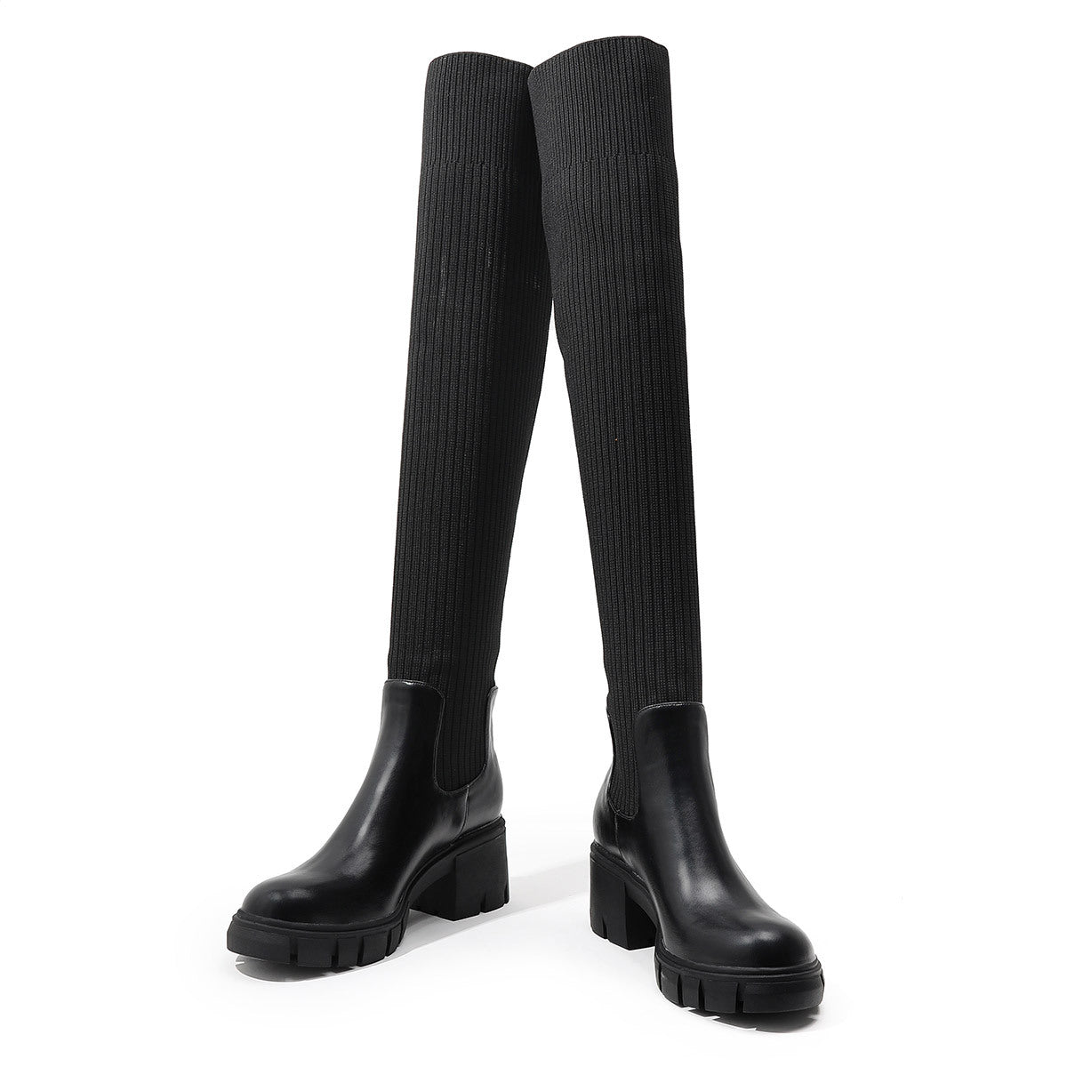 British Style Thick-Heeled Wool Over-The-Knee Boots