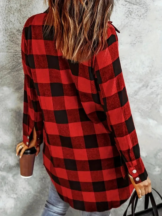 Playful Plaid Collared Neck Snap Down Long Sleeve Jacket