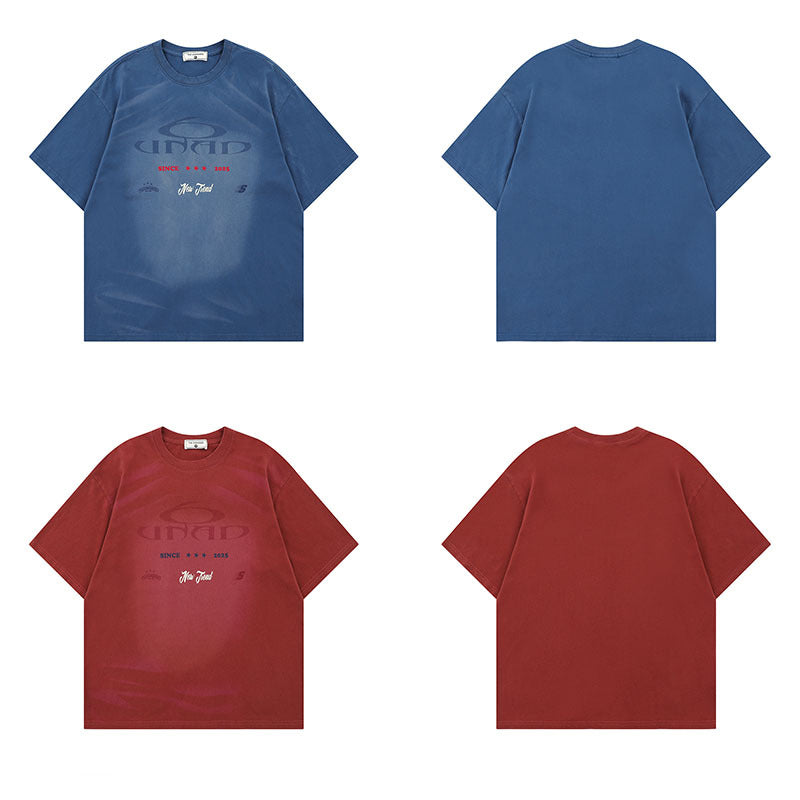 Water Washed Faded Spray Color Letter Cotton T-Shirt