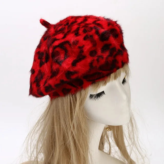 Leopard Print Rabbit Fur Beret - Playful Harajuku Hat