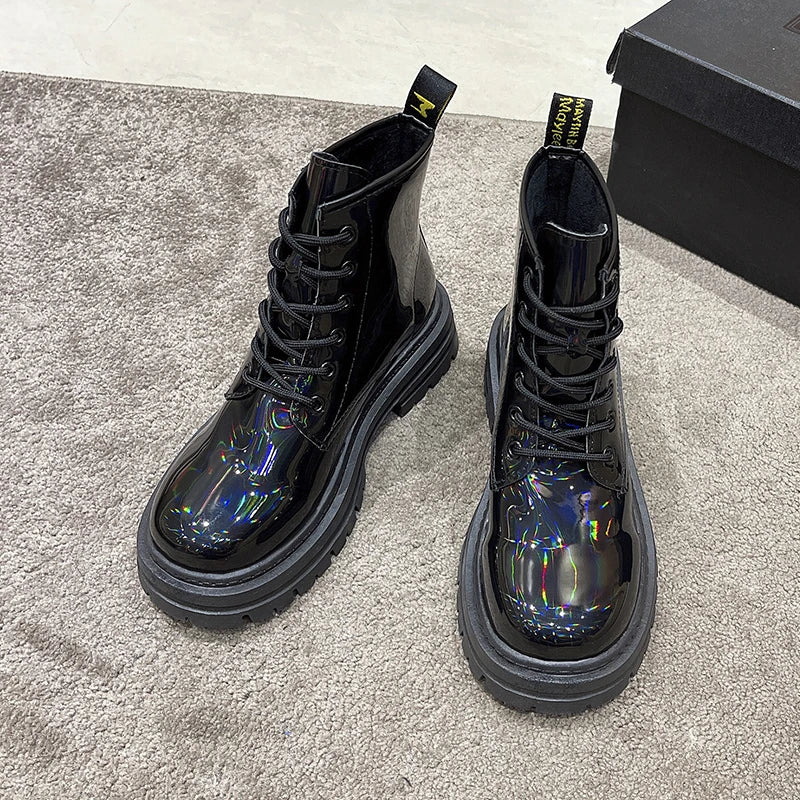 Harajuku Style Reflective Color Leather Ankle Boots