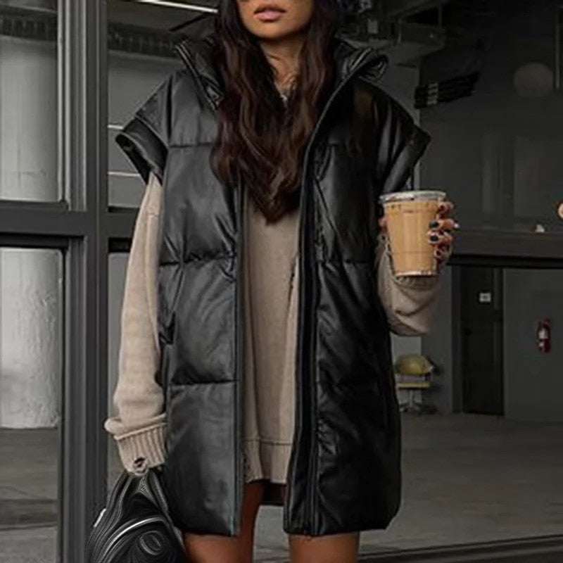 Winter Long Faux Leather Vest - Harajuku Style