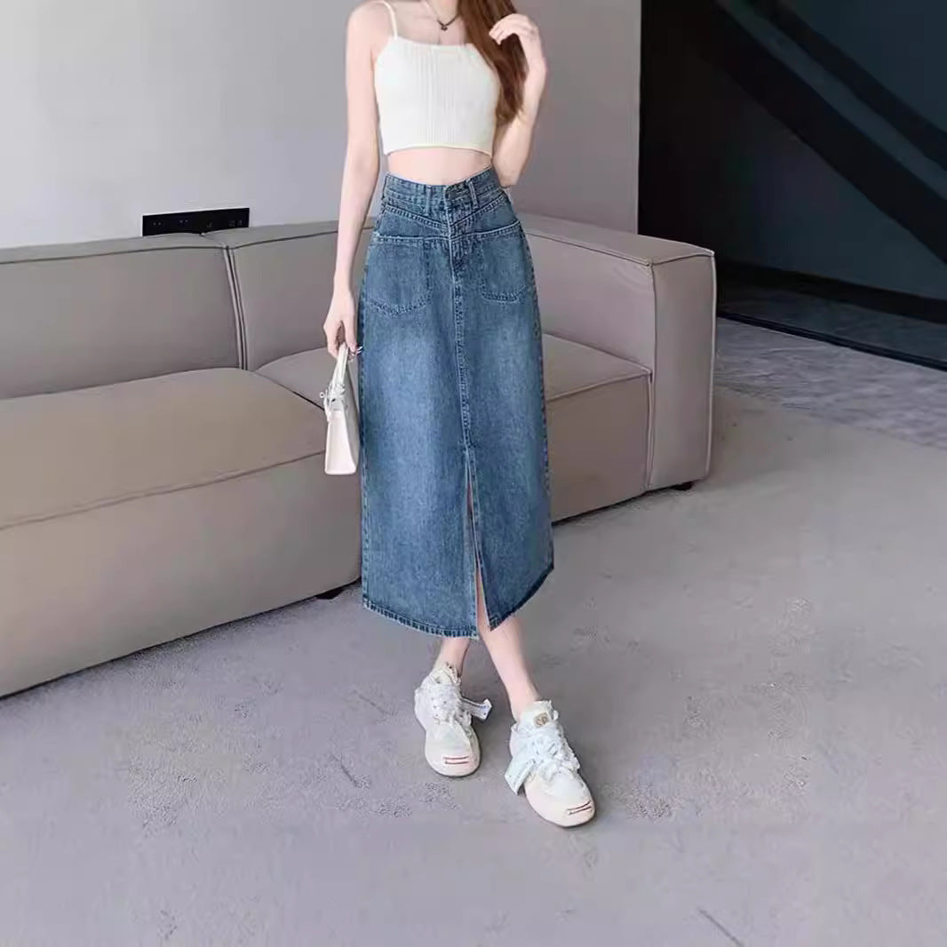 High-Waisted Front Slit Denim Skirt - Versatile A-Line Midi Skirt for Women, Slimming Fit